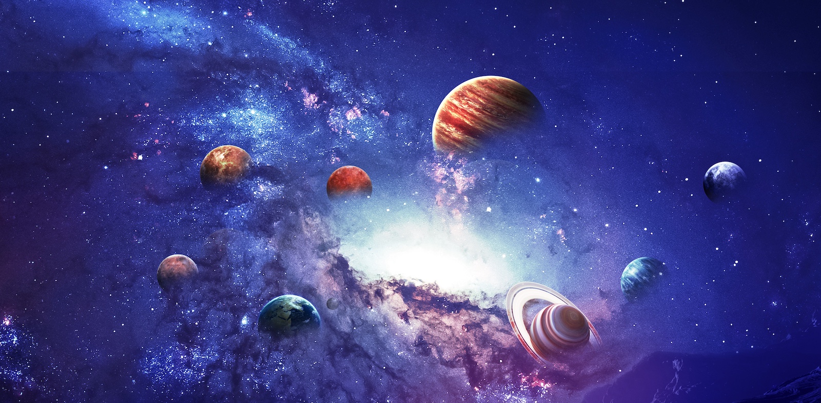 Planets Swirling Around A Bright Center against a purple background