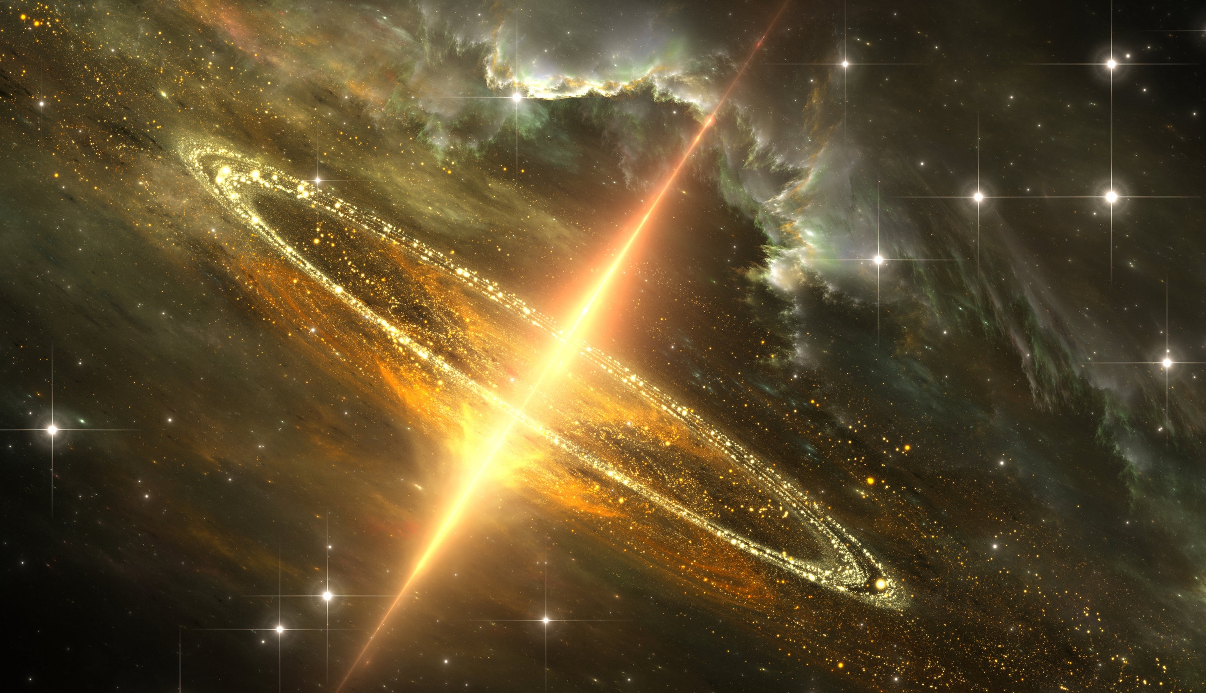 Image of a large, golden black hole with stars around it. Representation of Brainspotting therapy.